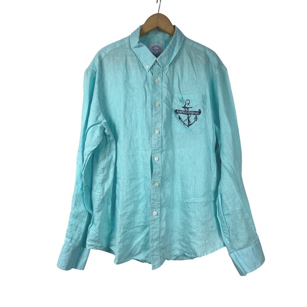 Guy Harvey Large 100% Linen Marthas Vineyard Nautical Shirt L Coastal Preppy